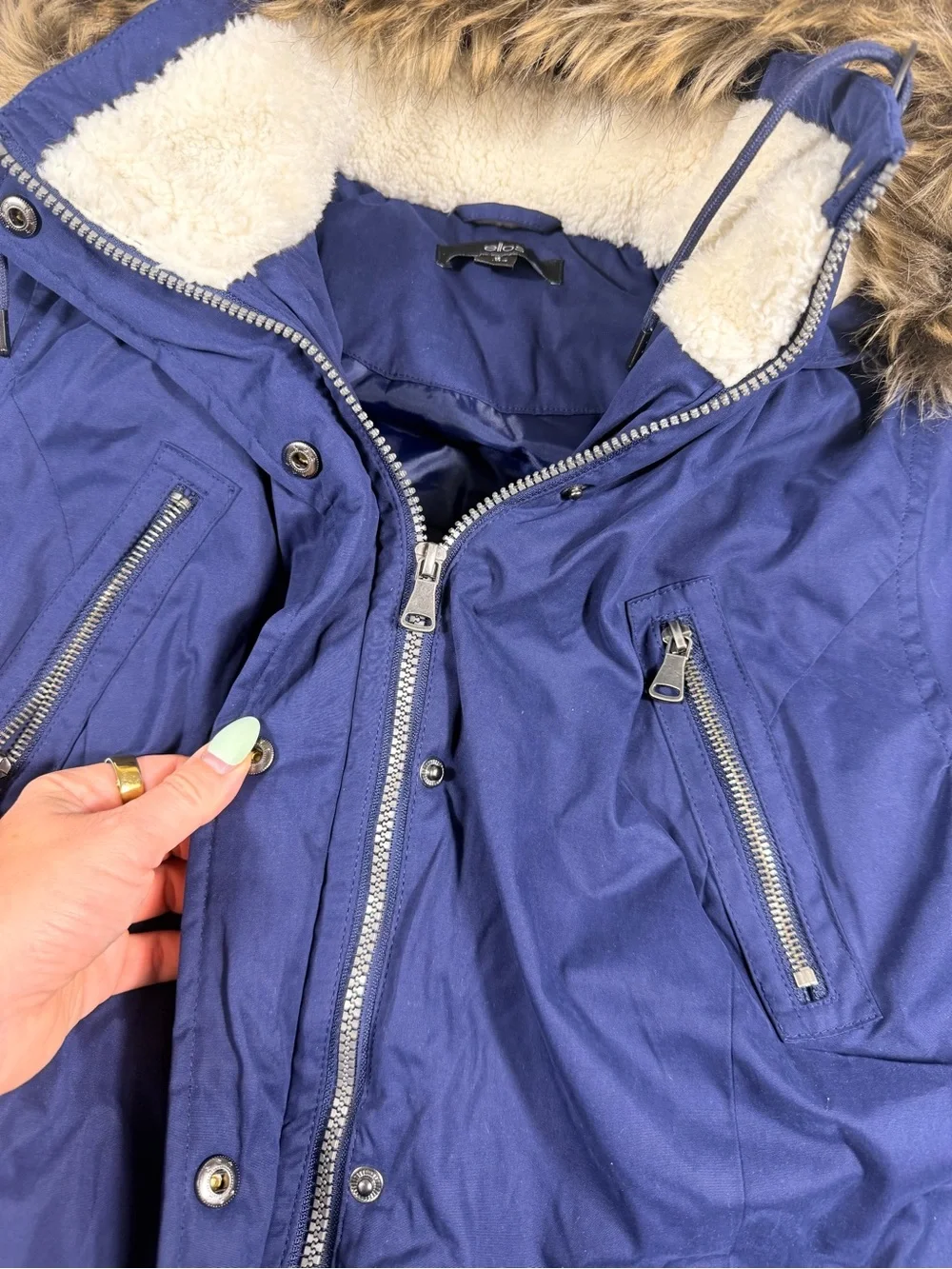 Ellos Women's Navy Parka Coat with Faux Fur Trim